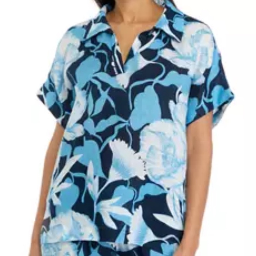 Eli Tahari blue Tropical  Printed Split Neck Collared Linen Blouse